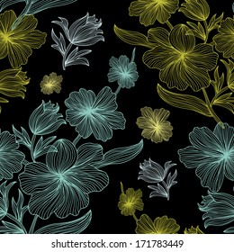 elegant seamless pattern with decorative green and blue flowers, design element