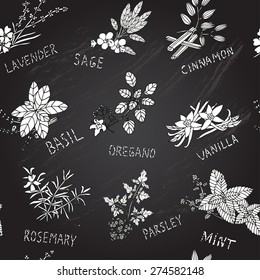 Elegant seamless pattern with decorative herbs and spices, design elements. Can be used for invitations, greeting cards, scrapbooking, print, gift wrap, manufacturing. Chalkboard food background