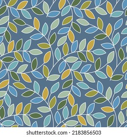 Se puede utilizar un elegante patrón sin fisuras con hojas decorativas para papel pintado, rellenos de patrones, fondo de página web, texturas superficiales y azulejos. Resumen de hojas coloridas sobre fondo azul.