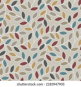 Elegant seamless pattern with decorative leaves can be used for wallpaper, pattern fills, web page background, surface textures and tile. Abstract colorful leaves on beige background.