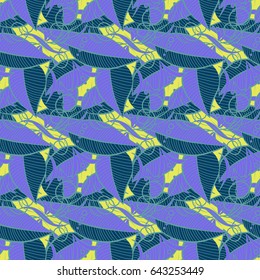 Elegant seamless pattern with decorative leaves in blue and yellow colors. Vector floral pattern for wedding invitations, greeting cards, scrapbooking, print, gift wrap, manufacturing fabric, textile.