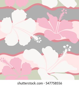 Elegant seamless pattern with decorative neutral hibiscus flowers. Vector floral pattern for wedding invitations, greeting cards, scrapbooking, print, gift wrap, manufacturing fabric, textile.