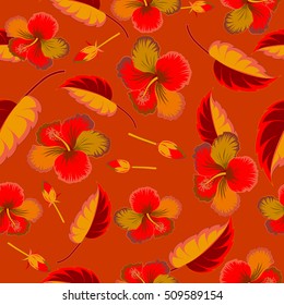 Elegant seamless pattern with decorative orange hibiscus flowers. Vector floral pattern for wedding invitations, greeting cards, scrapbooking, print, gift wrap, manufacturing fabric, textile.