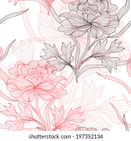 Elegant seamless pattern with decorative pastel peony flowers, design element. Beautiful floral background. Floral pattern for wedding invitations, greeting cards, scrapbooking, print.