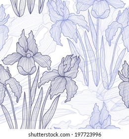 Elegant seamless pattern with decorative pastel blue iris flowers, design element. Beautiful floral background. Floral pattern for wedding invitations, greeting cards, scrapbooking, print.