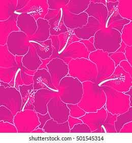 Elegant seamless pattern with decorative pink and purple hibiscus flowers. Vector floral pattern for wedding invitations, greeting cards, scrapbooking, print, gift wrap, manufacturing fabric, textile.