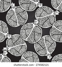 Elegant seamless pattern with decorative pomegranates, design elements. Can be used for invitations, greeting cards, scrapbooking, print, gift wrap, manufacturing. Chalkboard food background
