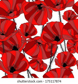 elegant seamless pattern with decorative red poppy flowers, design element