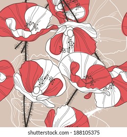 elegant seamless pattern with decorative red white poppies, design element