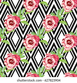 Elegant seamless pattern with decorative rose flowers in watercolor style, design element. Editable floral pattern for wedding invitations, cards, scrapbooking, print, gift wrap, manufacturing