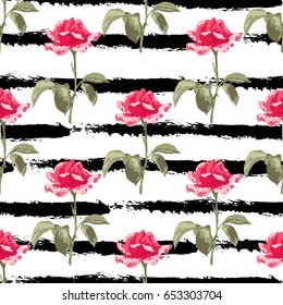 Elegant seamless pattern with decorative rose flowers in watercolor style, design element. Floral pattern for wedding invitations, cards, scrapbooking, print, gift wrap, manufacturing. Editable.
