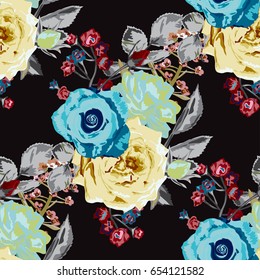Elegant seamless pattern with decorative rose flowers in watercolor style, design element. Floral pattern for wedding invitations, cards, scrapbooking, print, gift wrap, manufacturing. Editable