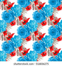 Elegant seamless pattern with decorative roses and poppies in watercolor style, design elements. Floral pattern for wedding invitations, greeting cards, scrapbooking, print, gift wrap, manufacturing