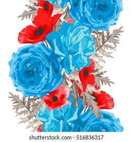 Elegant seamless pattern with decorative roses and poppies in watercolor style, design elements. Floral pattern for wedding invitations, greeting cards, scrapbooking, print, gift wrap, manufacturing