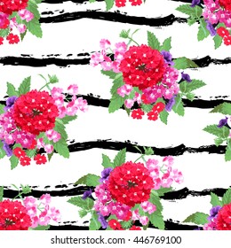 Elegant seamless pattern with decorative verbena and petunia flowers in watercolor style, design elements. Can be used for invitations, cards, scrapbooking, print, manufacturing. Stripe background