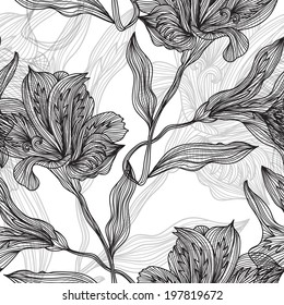 Elegant seamless pattern with decorative vintage lily flowers, design element. Beautiful floral background. Floral pattern for wedding invitations, greeting cards, scrapbooking, print.