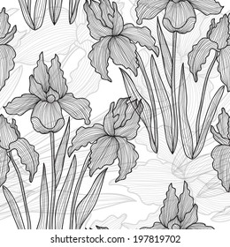 Elegant seamless pattern with decorative vintage iris flowers, design element. Beautiful floral background. Floral pattern for wedding invitations, greeting cards, scrapbooking, print.