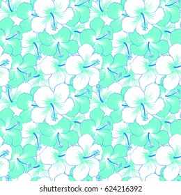 Elegant seamless pattern with decorative white and blue hibiscus flowers. Vector floral pattern for wedding invitations, greeting cards, scrapbooking, print, gift wrap, manufacturing fabric, textile.
