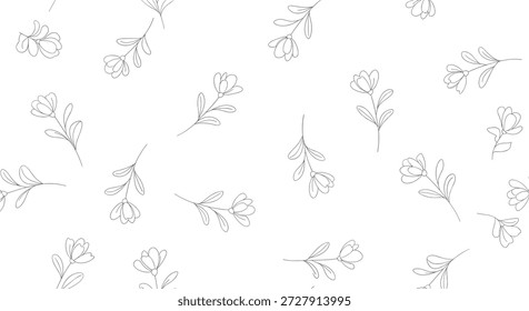 Elegant seamless pattern of delicate black and white floral branches with leaves and buds in a minimalist and sophisticated botanical style.