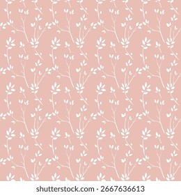 Elegante padrão sem emenda com delicados ramos botânicos em estilo de arte de linha em um fundo rosa pastel macio. Design floral mínimo e moderno, perfeito para tecidos, papéis de parede, embalagem, artigos de papelaria, 