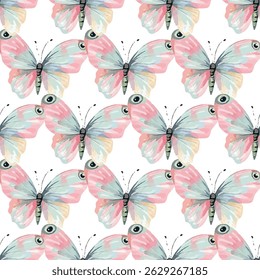 Elegant seamless pattern of delicate butterflies in pastel hues. Perfect for spring-themed projects, textiles, and wallpapers, adding sophistication and a touch of nature.