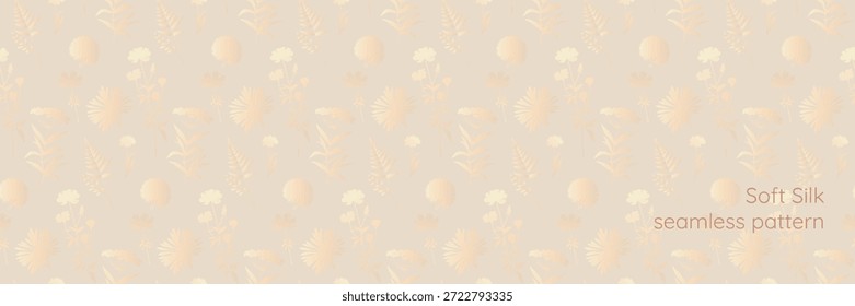 Elegant seamless pattern with delicate golden botanical silhouettes on a soft beige background, resembling silk fabric. Elegant floral wallpaper. Sample in swatches. EPS 10