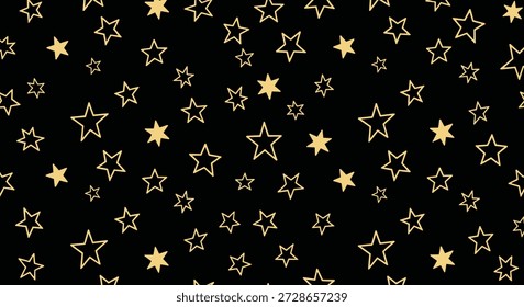 Elegantes, nahtloses Muster aus zarten, golden umrissenen Sternen verschiedener Formen und Größen auf solidem, schwarzem Hintergrund für Luxusthemen.
