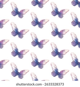 Elegante padrão sem emenda de delicadas borboletas de aquarela em tons pastel. Perfeito para projetos temáticos de primavera, têxteis e papéis de parede, adicionando sofisticação e um toque de natureza.