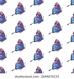 Elegant seamless pattern of delicate watercolor butterflies in pastel hues. Perfect for spring themed projects, textiles, and wallpapers, adding sophistication and a touch of nature.