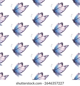 Elegant seamless pattern of delicate watercolor butterflies in pastel hues. Perfect for spring themed projects, textiles, and wallpapers, adding sophistication and a touch of nature.