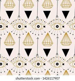 Elegant  seamless pattern design with eyes and geometric elements, that can be used both for web, as background, or in print, for surface design