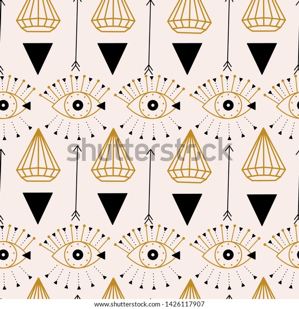 Elegant  seamless pattern design with eyes and\
geometric elements, that can be used both for web, as background,\
or in print, for surface\
design