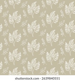 Elegant seamless pattern with detailed silver leaf outlines on a beige background. A sophisticated and delicate line art design for stationery and luxury textiles.