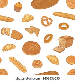 Elegant seamless pattern with different types of delicious bread or pastry on white background. Backdrop with whole grain baked snacks. Realistic hand drawn vector illustration for textile print.