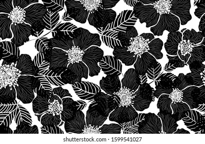 Elegant seamless pattern with dog rose flowers, design elements. Floral  pattern for invitations, cards, print, gift wrap, manufacturing, textile, fabric, wallpapers