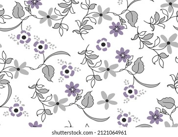 Elegant seamless pattern with dog rose flowers and leaves can be used for design fabric, linen and more creative ideas.traditional indian floral pattern on purple and grey leaf.