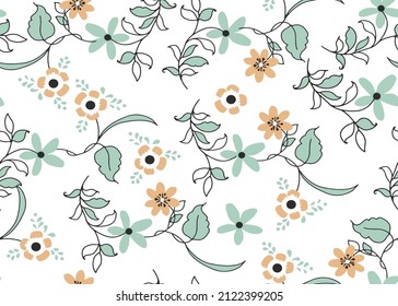 Elegant seamless pattern with dog rose flowers and leaves can be used for design fabric, linen and more creative ideas.traditional indian floral pattern on orange and green leaf.