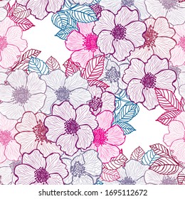 Diseño elegante y sin fisuras con flores dogrose, elementos de diseño. Patrón floral para invitaciones, tarjetas, papel, envoltura de regalo, manufactura, textiles, tejidos, papeles pintados