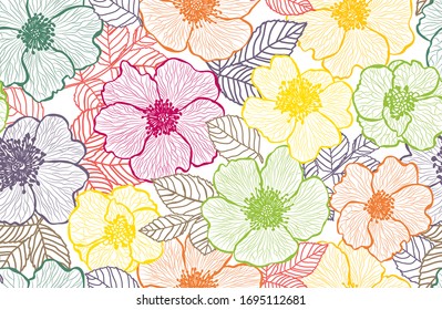 Elegantes, nahtloses Muster mit Dogrose Blumen, Design-Elementen. Blumenmuster für Einladungen, Karten, Druck, Geschenkverpackungen, Herstellung, Textilien, Gewebe, Wallpaper