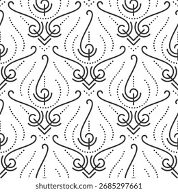 Elegant seamless pattern with dots, line ornate, decorative shapes, abstract curved motifs. Repeating elegant geometric outlines. Luxury background for wallpaper, textile, branding and packaging