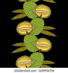 Elegant seamless pattern with durian fruits, design elements. Fruit  pattern for invitations, cards, print, gift wrap, manufacturing, textile, fabric, wallpapers. Food, kitchen, vegetarian theme
