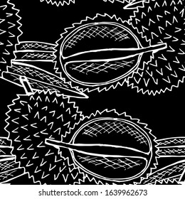 Elegant seamless pattern with durian fruits, design elements. Fruit  pattern for invitations, cards, print, gift wrap, manufacturing, textile, fabric, wallpapers. Food, kitchen, vegetarian theme