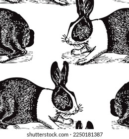 Elegant seamless pattern with dutch rabbits, design elements. Animal pattern for invitations, cards, print, gift wrap, manufacturing, textile, fabric, wallpapers. Chinese Symbol of 2023