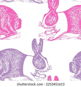 Elegant seamless pattern with dutch rabbits, design elements. Animal pattern for invitations, cards, print, gift wrap, manufacturing, textile, fabric, wallpapers. Chinese Symbol of 2023