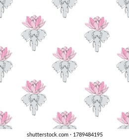 Elegant seamless pattern with elephant and lotus, design elements. Floral  pattern for invitations, cards, print, gift wrap, manufacturing, textile, fabric, wallpapers. Continuous line art style