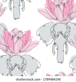 Elegantes, nahtloses Muster mit Elefanten und Lotus, Design-Elementen. Blumenmuster für Einladungen, Karten, Druck, Geschenkverpackung, Herstellung, Textilien, Gewebe, Wallpaper. Kunststil mit kontinuierlicher Linie