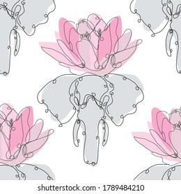 Elegantes, nahtloses Muster mit Elefanten und Lotus, Design-Elementen. Blumenmuster für Einladungen, Karten, Druck, Geschenkverpackung, Herstellung, Textilien, Gewebe, Wallpaper. Kunststil mit kontinuierlicher Linie
