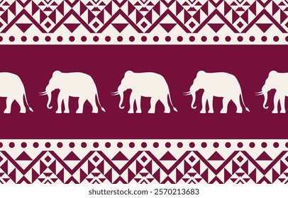 Elegant seamless pattern with elephant silhouettes and geometric motifs. Burgundy and beige color palette. Suitable for fashion apparel, home decor, interior design, children's products.