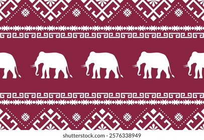 Elegant seamless pattern with elephant silhouettes and geometric motifs. Burgundy and beige color palette. Suitable for fashion apparel, home decor, interior design, children's products.