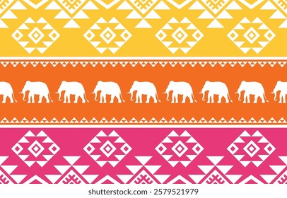 Elegant seamless pattern with elephant silhouettes and geometric motifs. Burgundy and beige color palette. Suitable for fashion apparel, home decor, interior design, children's products.